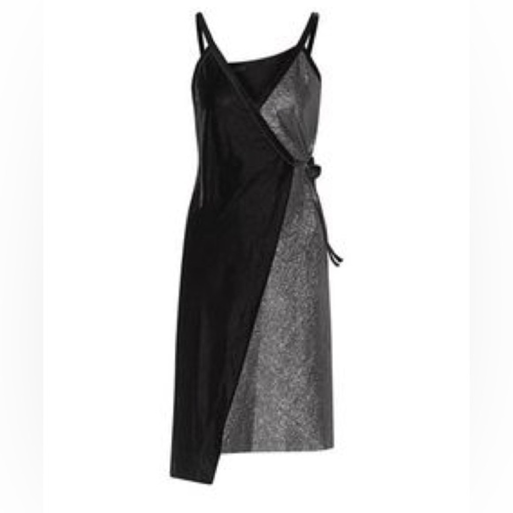 Maje Black Silver Velvet Asymmetric Wrap Dress Sleeveless Shimmer Party Holiday